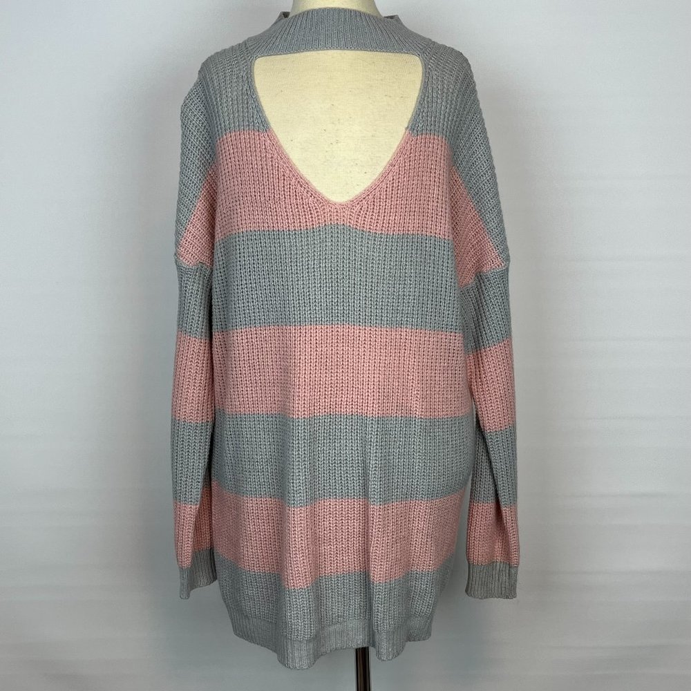 No Comment Pink & Gray Striped Pullover Sweater Long Sleeved Top ((size Large))